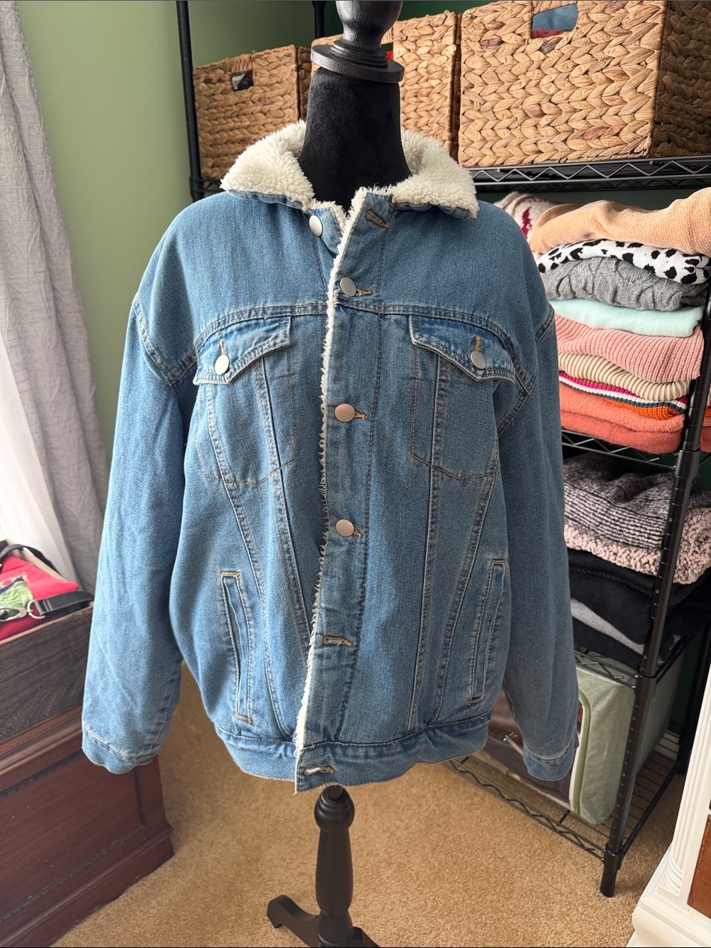 Forever 21 Light Blue Denim Bomber Jacket with Cream Sherpa